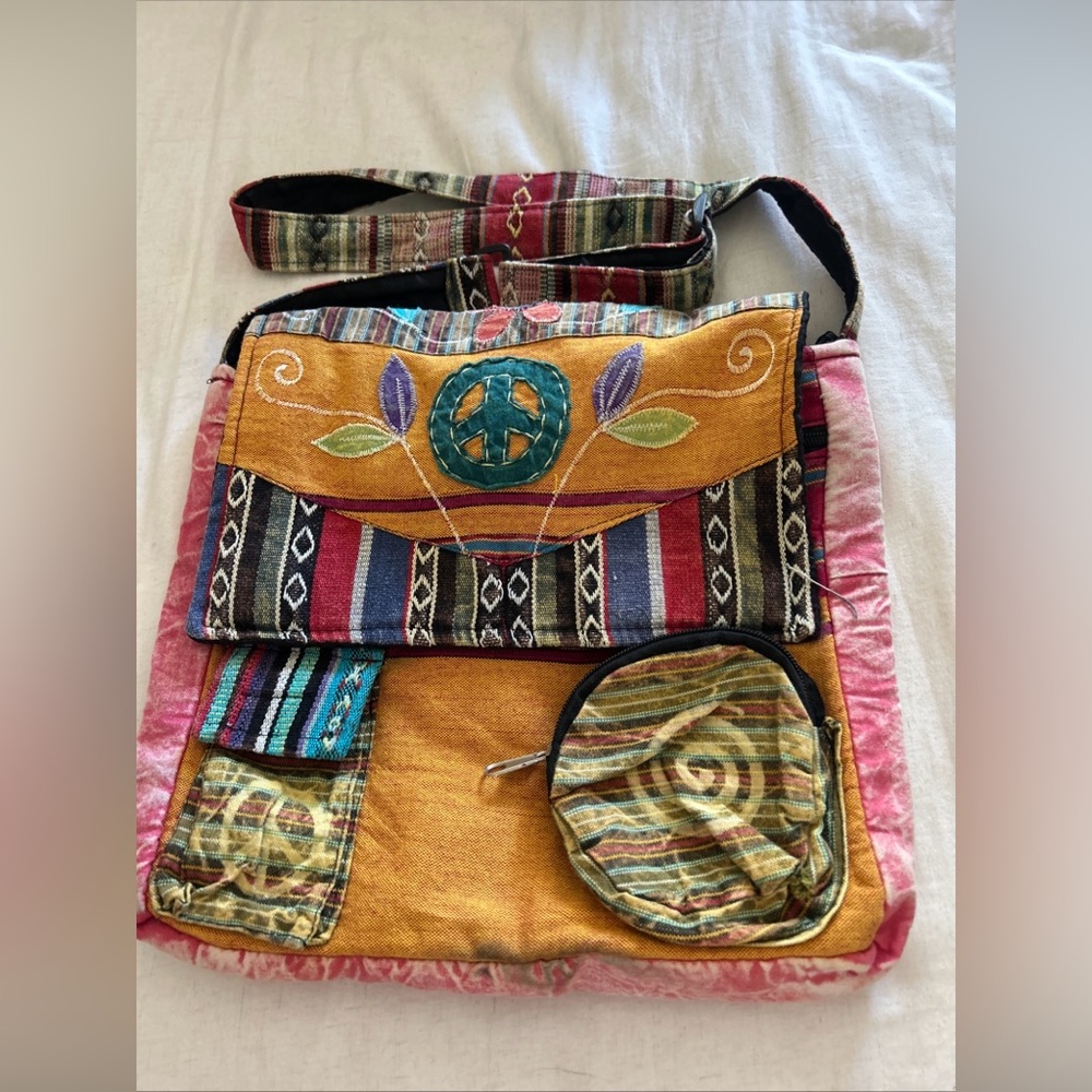 Boho Peace Sign Embroidered Messenger Bag Rising International Flower Hippie